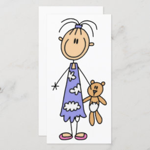 Girl With Teddy Bear Stick Figure Girls Flat Card