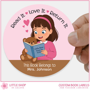 Girl with Teddy Bear Teacher Library Bookplate Classic Round Sticker