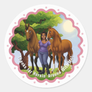 Girl with Two Horses in Pasture Classic Round Sticker