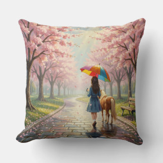 Girl with Umbrella and Pony in Park Throw Pillow