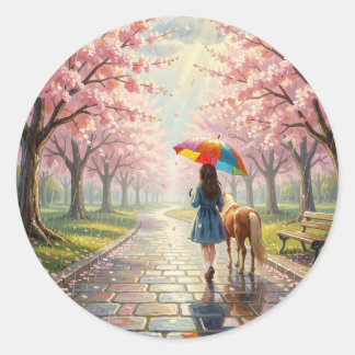 Girl with Umbrella and Pony in Rainy Park Classic Round Sticker