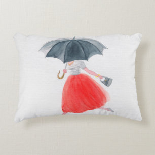 Girl with umbrella in rain. fashion illustration. decorative cushion