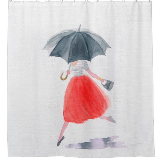Girl with umbrella in rain. fashion illustration.  shower curtain (Front)