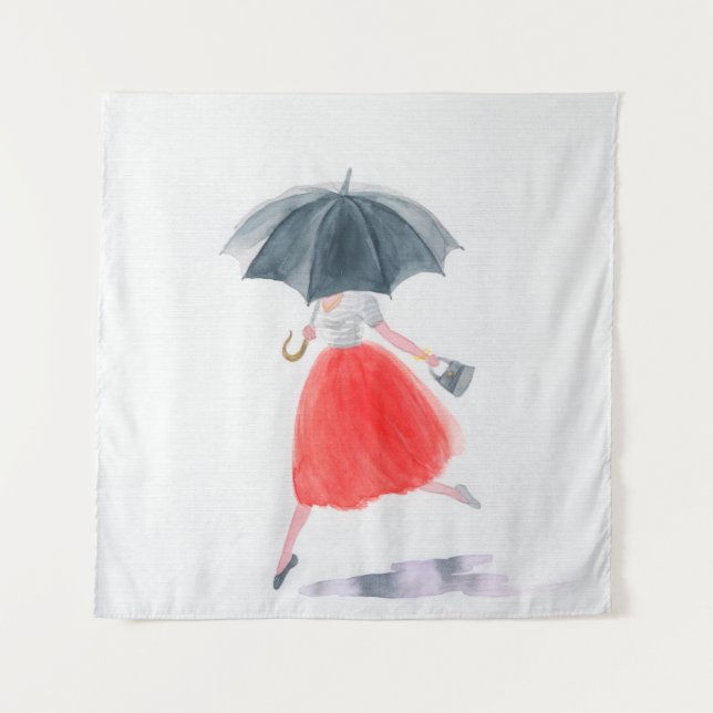 Girl with umbrella in rain. fashion illustration.  tapestry (Front)
