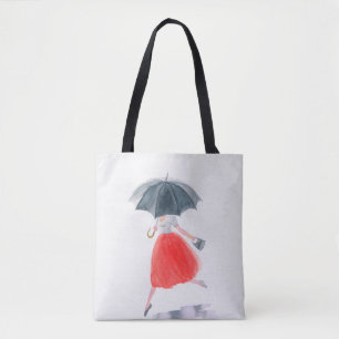 Girl with umbrella in rain. fashion illustration. tote bag