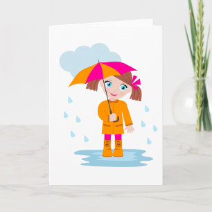 Girl with Umbrella in Rain Kids Rainy Day Card
