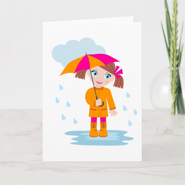 Girl with Umbrella in Rain Kids Rainy Day Card (Creator Uploaded)
