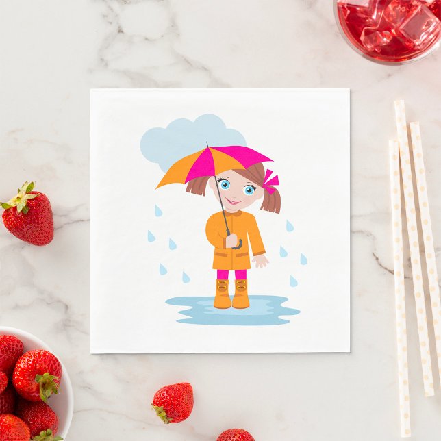 Girl with Umbrella in Rain Kids Rainy Day Napkin (Creator Uploaded)