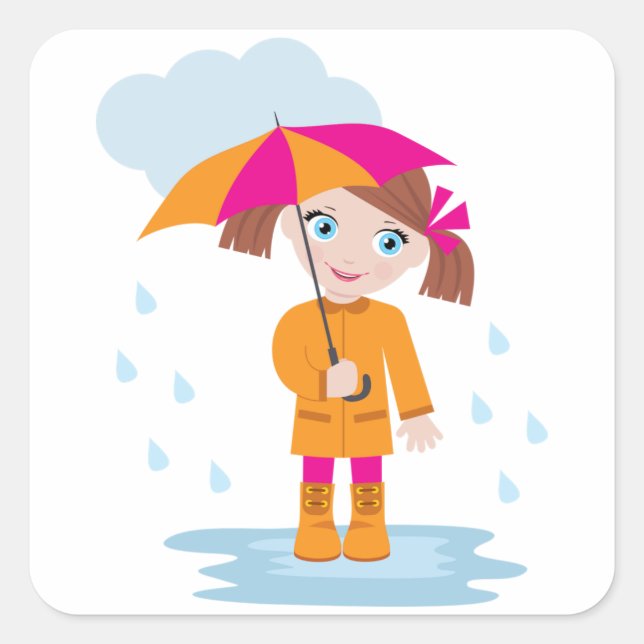 Girl with Umbrella in Rain Kids Rainy Day Square Sticker (Front)