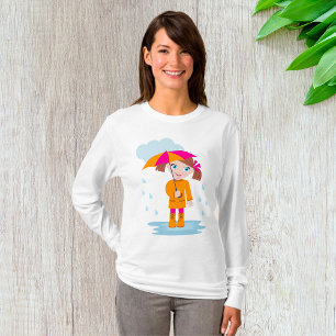 Girl with Umbrella in Rain Kids Rainy Day T-Shirt