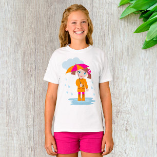 Girl with Umbrella in Rain Kids Rainy Day T-Shirt