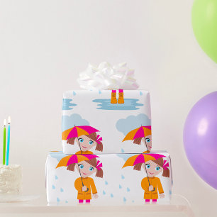 Girl with Umbrella in Rain Kids Rainy Day Wrapping Paper