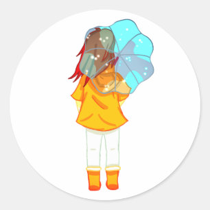 Girl with Umbrella in Wind Drawing  Classic Round Sticker