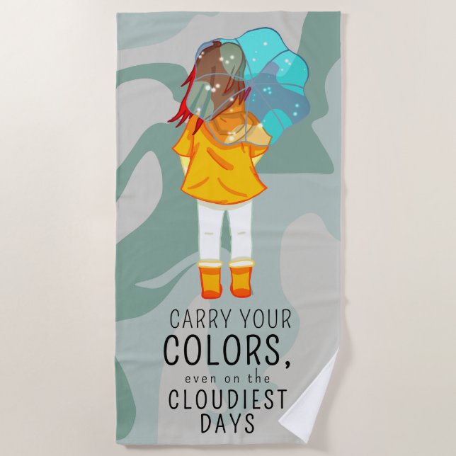 Girl with Umbrella in Wind Positive Quote Beach Towel (Front)