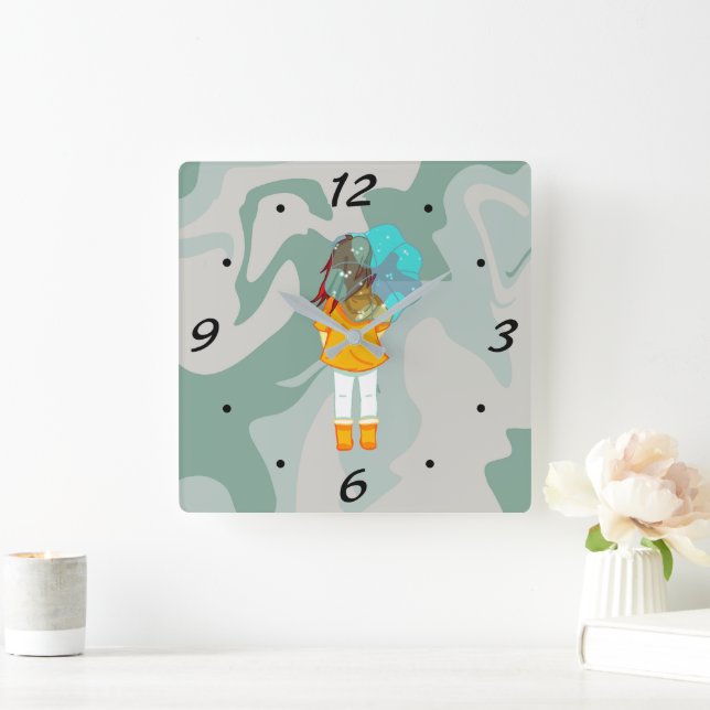 Girl with Umbrella in Wind Rain Green Swirl Square Wall Clock (Home)