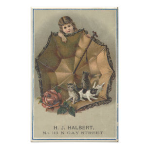 Girl with Umbrella of Kittens Ephemera Photo Print