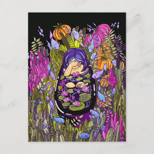 Girl with violet hair in the garden pool black postcard