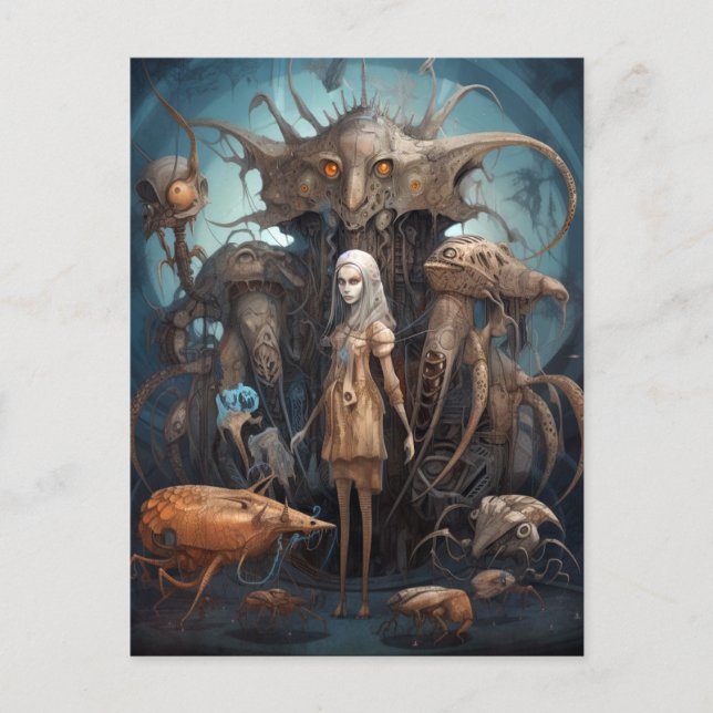 Girl With Weird Monsters Surreal Art Postcard (Front)