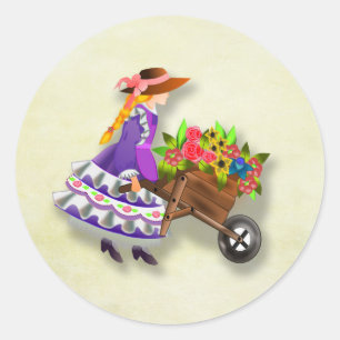 Girl With Wheelbarrow of Colourful Flowers Sticker