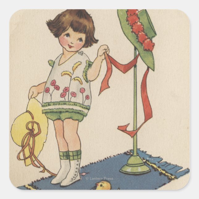 Girl with Yellow Hat and Chick Square Sticker (Front)