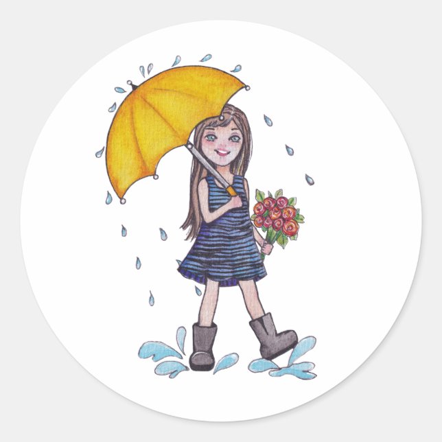 Girl With Yellow Umbrella In Watercolor Classic Round Sticker (Front)