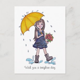 Girl With Yellow Umbrella In Watercolor Postcard