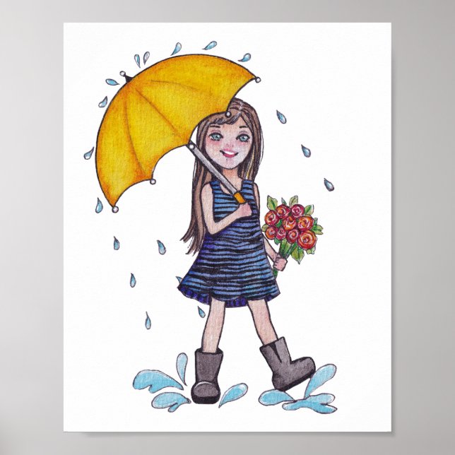 Girl With Yellow Umbrella In Watercolor Poster (Front)