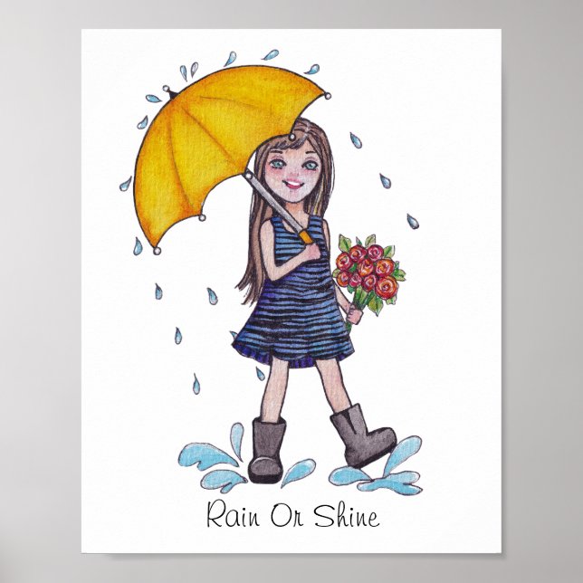 Girl With Yellow Umbrella In Watercolor Poster (Front)
