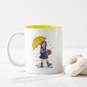 Girl With Yellow Umbrella In Watercolor Two-Tone Coffee Mug