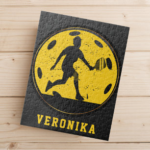 Girl Woman Pickleball Player Racketball Name Black Jigsaw Puzzle