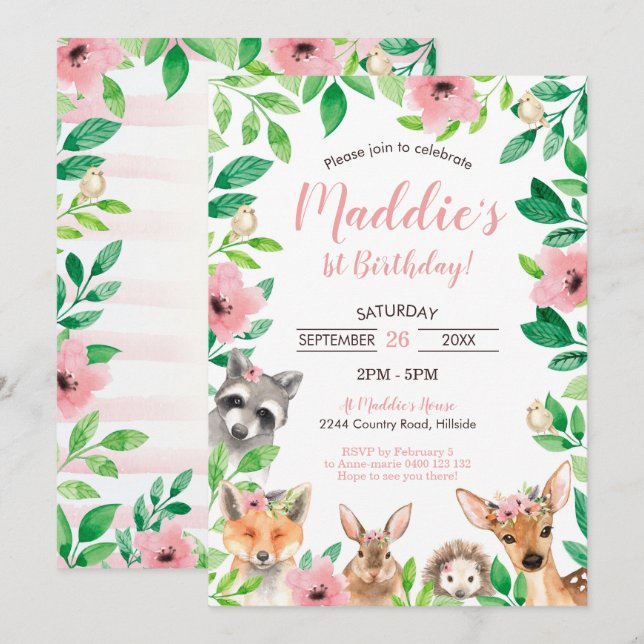 Girl Woodland 1st Birthday Invitation Animals (Front/Back)
