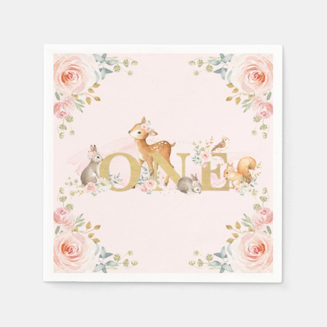Girl Woodland 1st Birthday Pink Gold Floral Napkin (Front)