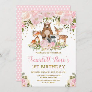 Girl Woodland 1st Birthday Pink Gold Floral Party Invitation