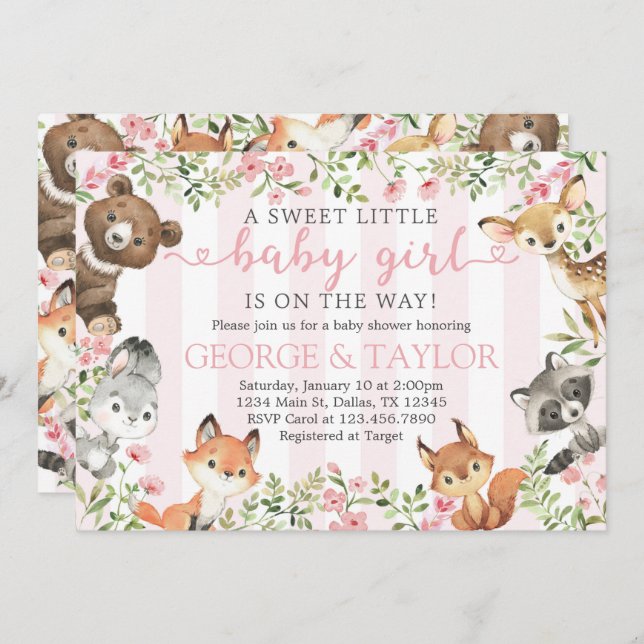 Girl Woodland Animal Baby Shower Invitation Invite (Front/Back)