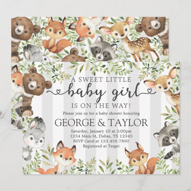 Girl Woodland Animal Baby Shower Invitation Invite (Front/Back)