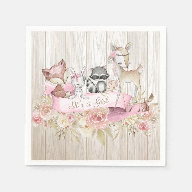 Girl Woodland Animal Baby Shower Napkin (Front)