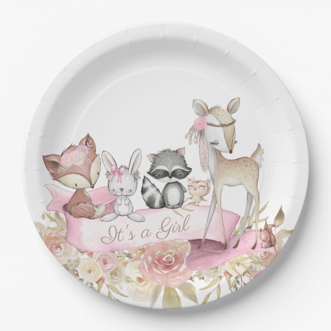 Girl Woodland Animal Baby Shower Paper Plate (Front)