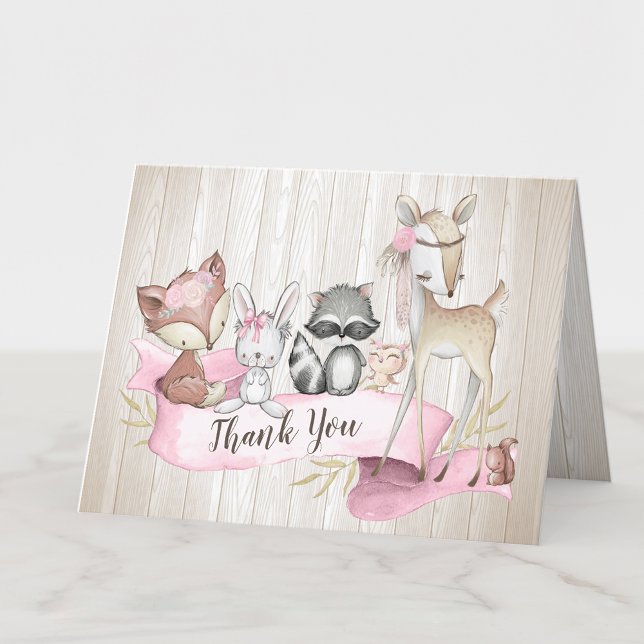 Girl Woodland Animal Friends Baby Shower Thank You Card (Creator Uploaded)