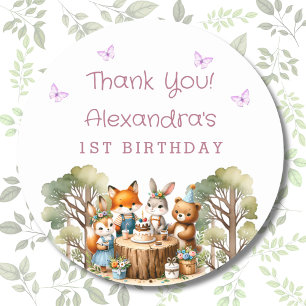 Girl Woodland Animals 1st Birthday Thank You Classic Round Sticker
