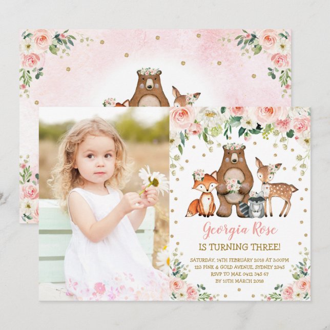 Girl Woodland Animals Birthday Peach Blush Floral Invitation (Front/Back)