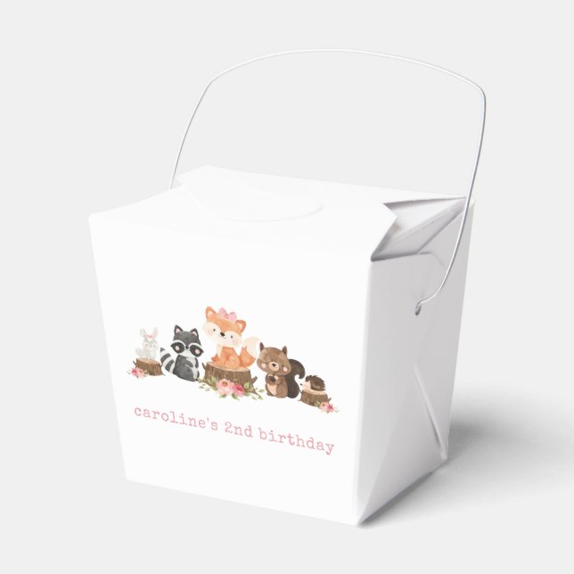 Girl Woodland Animals Pink Floral Birthday Party Favour Box (Front Side)