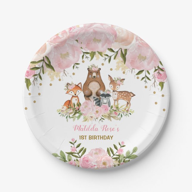 Girl Woodland Animals Pink Floral Forest Birthday Paper Plate (Front)