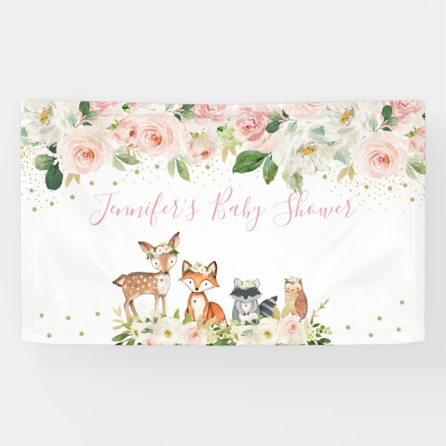 Girl Woodland Baby Shower Blush Floral Banner (Horizontal)