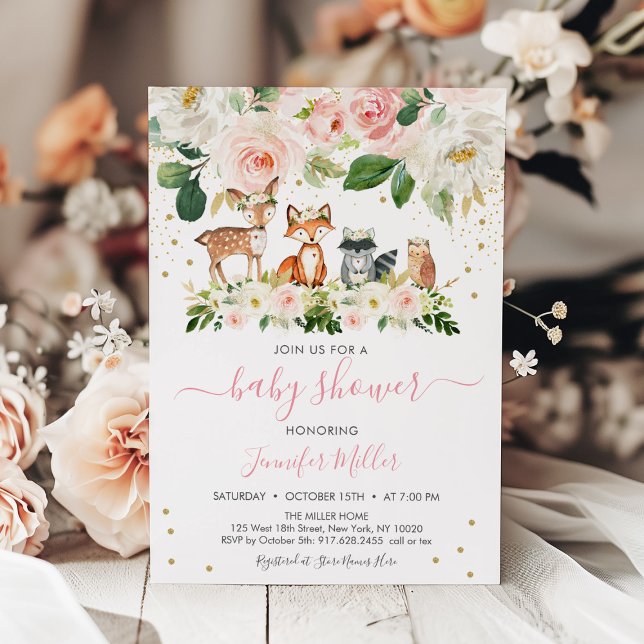 Girl Woodland Baby Shower Blush Floral Invitation (Creator Uploaded)