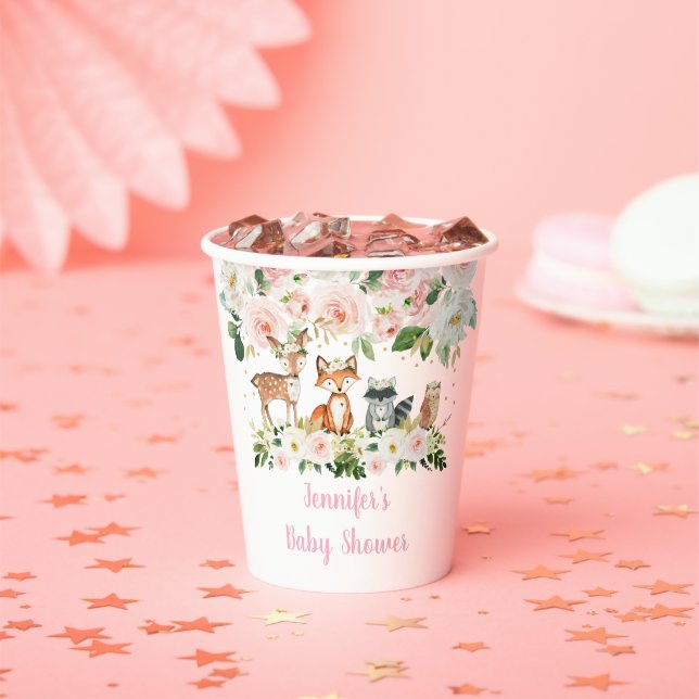 Girl Woodland Baby Shower Blush Floral Paper Cups (Insitu)
