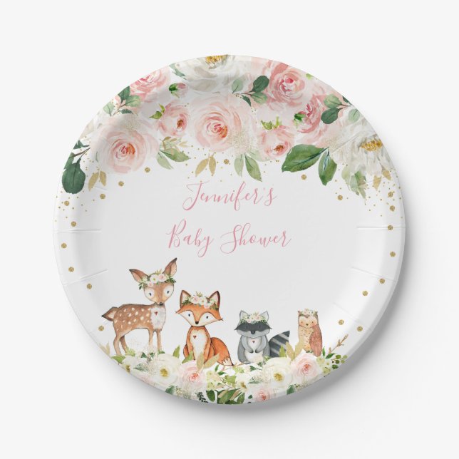 Girl Woodland Baby Shower Blush Floral Paper Plate (Front)