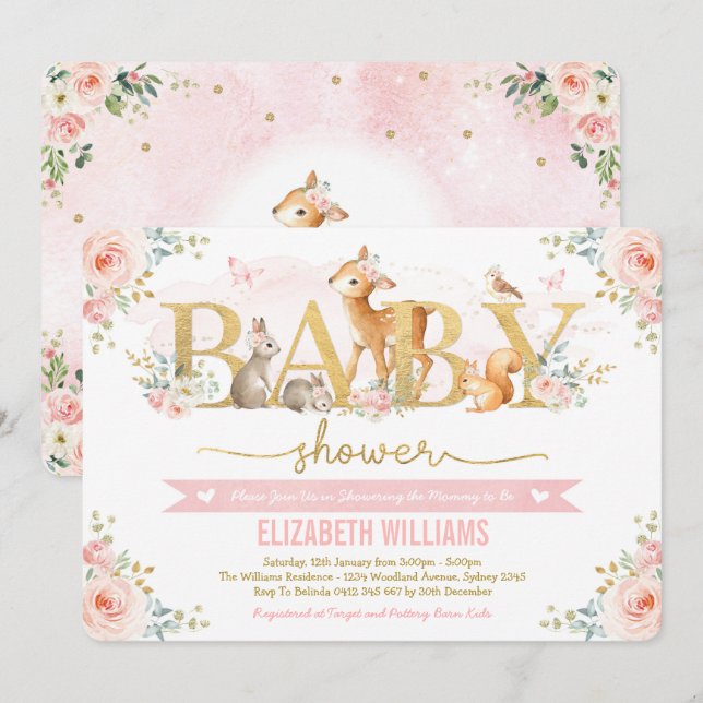 Girl Woodland Baby Shower Blush Pink Floral Forest Invitation (Front/Back)