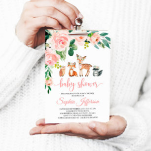 Girl Woodland Baby Shower Forest Animals Pink Rose Invitation