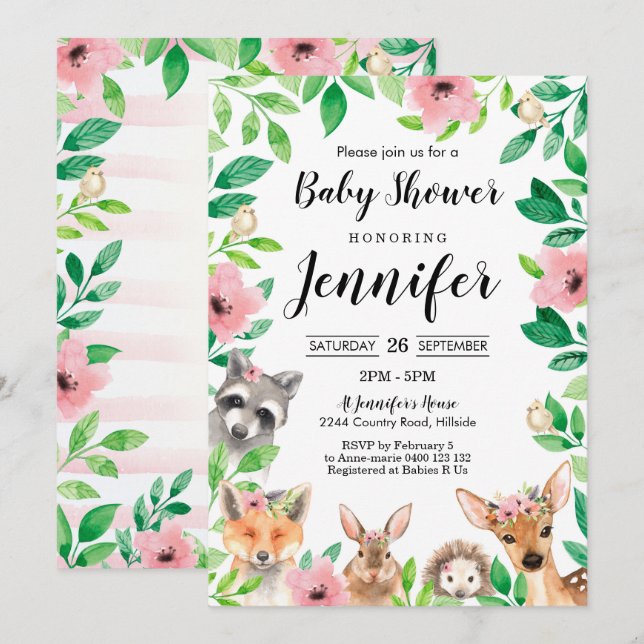 Girl Woodland Baby Shower Invitation Pink Woodland (Front/Back)