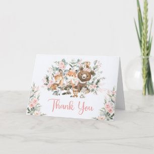 Girl Woodland Baby Shower: Pink Forest Animals Thank You Card